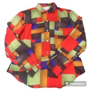 90s Worthington Silk Button Up Multi-Colored Patchwork Blouse, Size 12